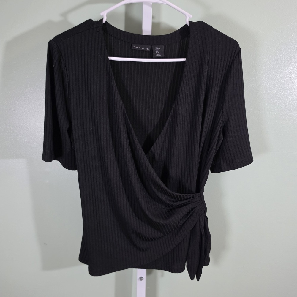 Tahari Side Tie Wrap Top Ribbed Black V-Neck Womens Size Medium